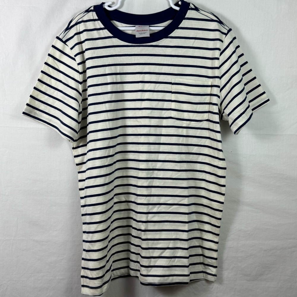 Hanna Anderson Kids White and Navy Striped Shirt Size 10